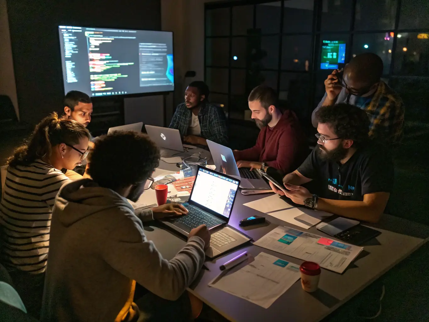 A dynamic image showcasing a diverse team collaborating on a software development project, emphasizing innovation and teamwork.