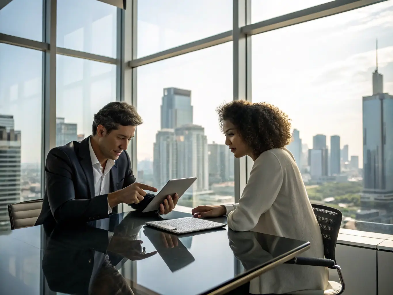 A consultant from AAA Office, Inc is sitting at a table with a client, reviewing project requirements and discussing potential software solutions in a modern office setting.