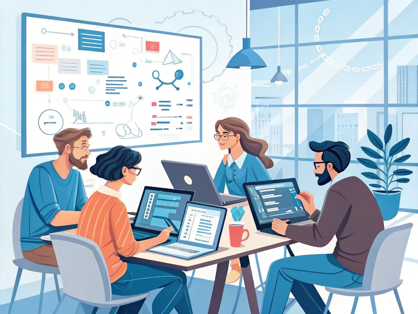 A team of software developers at AAA Office, Inc is collaborating on coding and designing a custom software solution, using multiple monitors and engaging in active discussions.