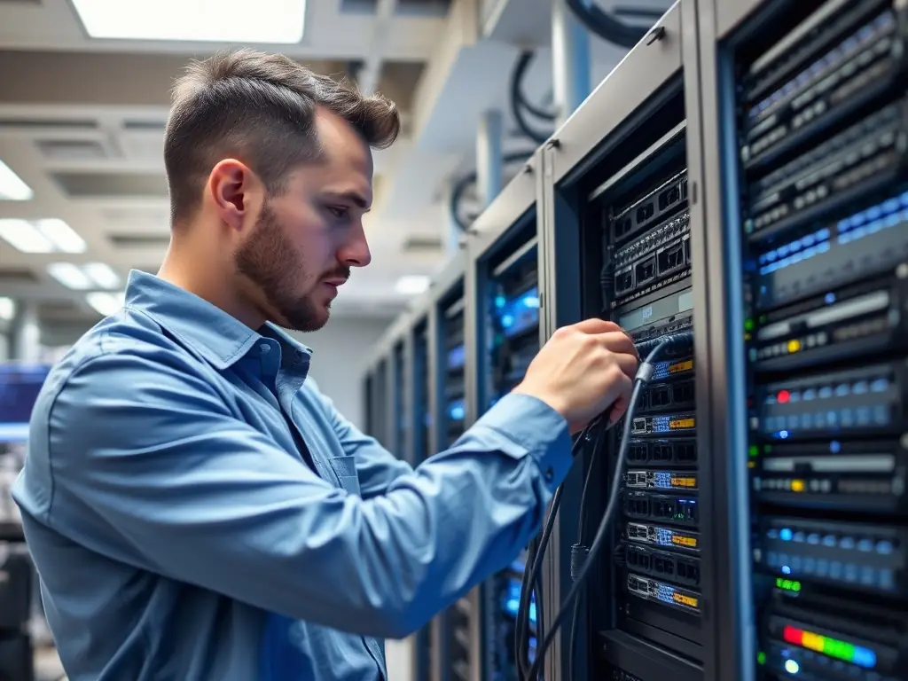 An IT specialist from AAA Office, Inc is deploying a software solution on a client's server, ensuring seamless integration with existing systems and minimal disruption to operations.